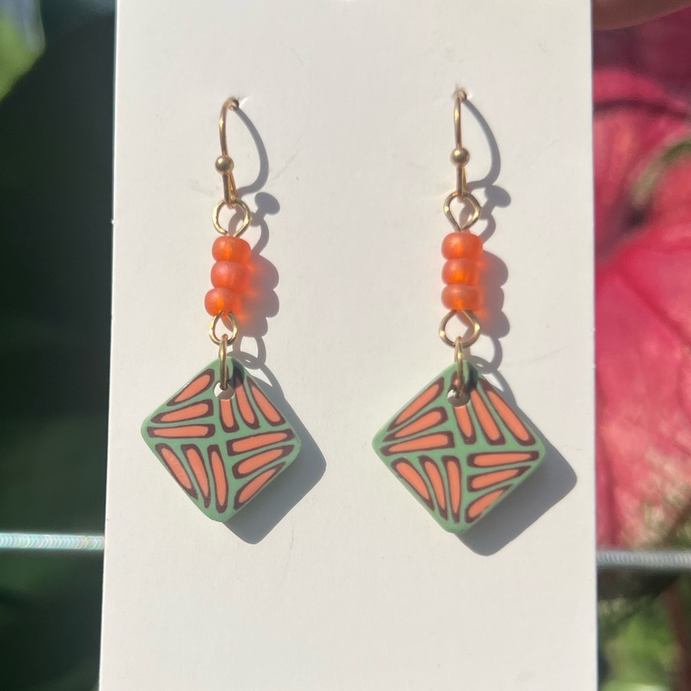 Handmade Polymer Clay Earrings with Beads Green Orange